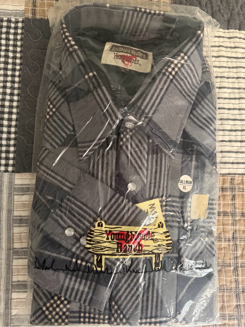 90s NOS Youngbloods Western Gray Plaid Flannel Pearl Snap Shirt XL Tall Cowboy